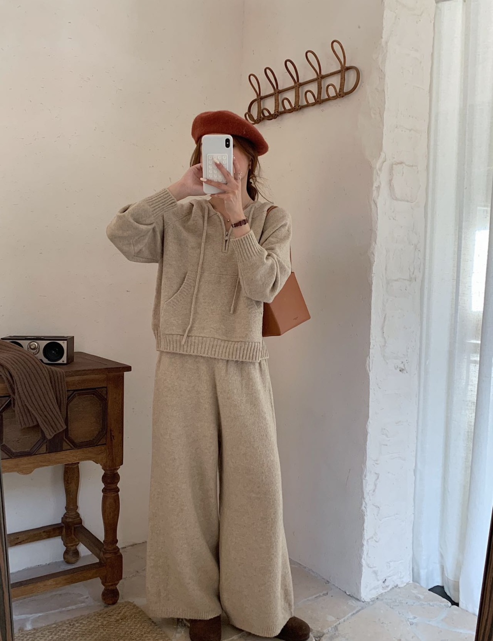 Knitted half zip long pants hooded Casual sweater 2pcs set