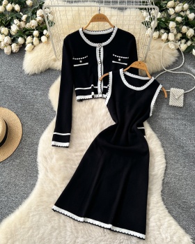 Fashion cardigan long sleeve sleeveless dress a set for women