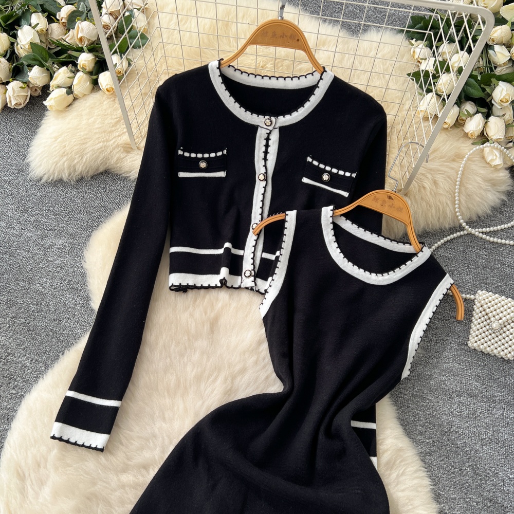 Fashion cardigan long sleeve sleeveless dress a set for women
