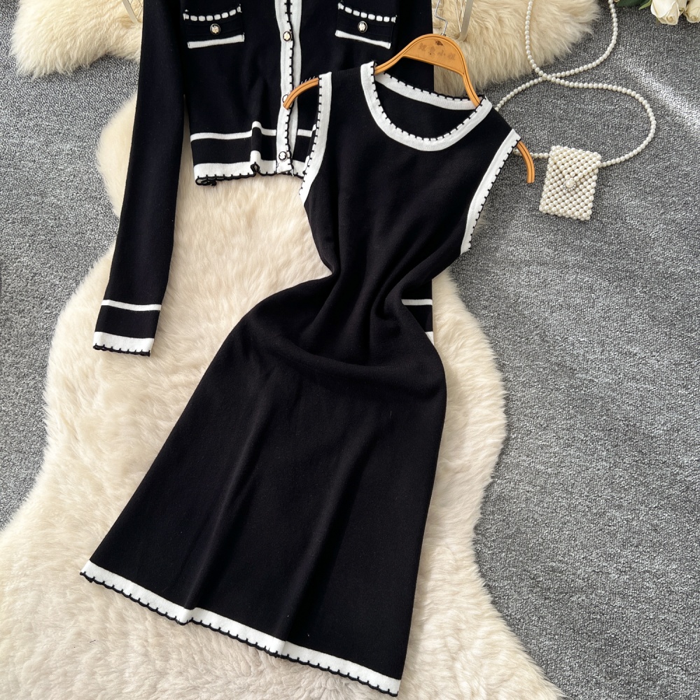 Fashion cardigan long sleeve sleeveless dress a set for women