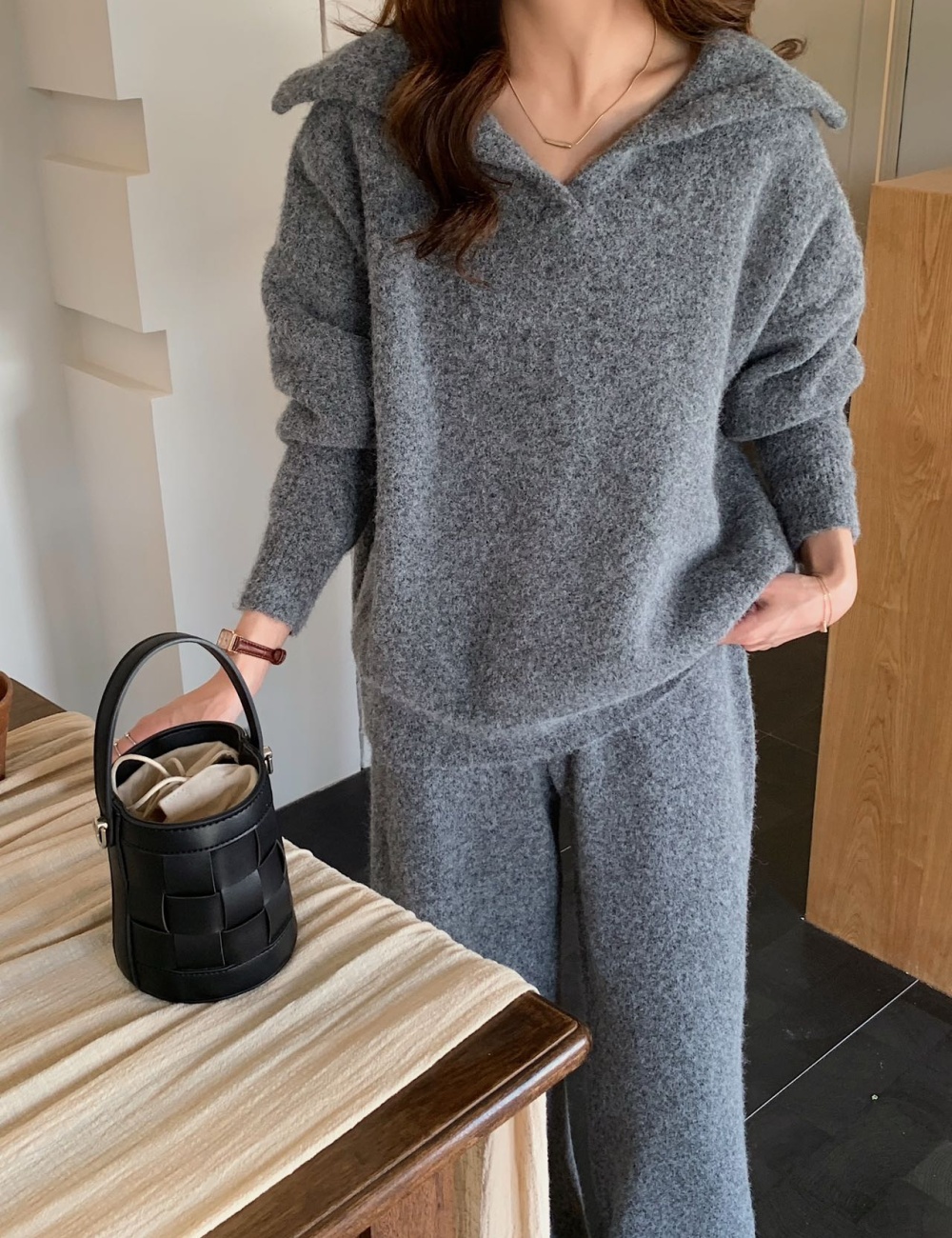 Knitted Korean style fashion long pants 2pcs set
