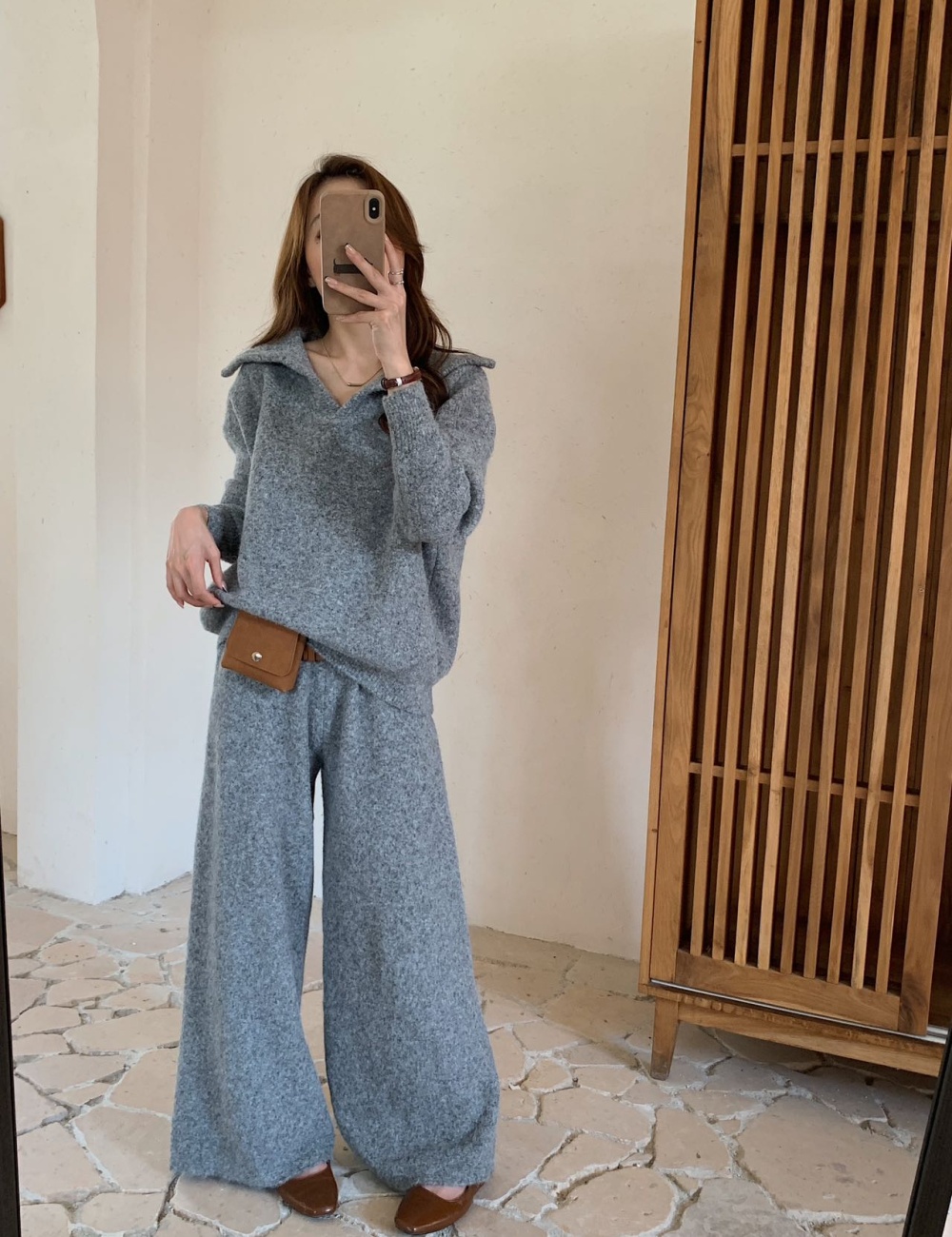 Knitted Korean style fashion long pants 2pcs set