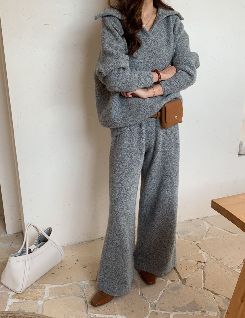 Knitted Korean style fashion long pants 2pcs set
