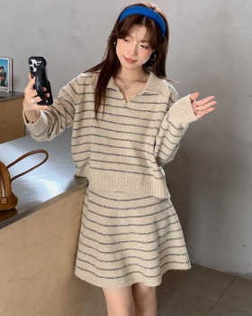 Stripe loose tops lapel retro short skirt 2pcs set