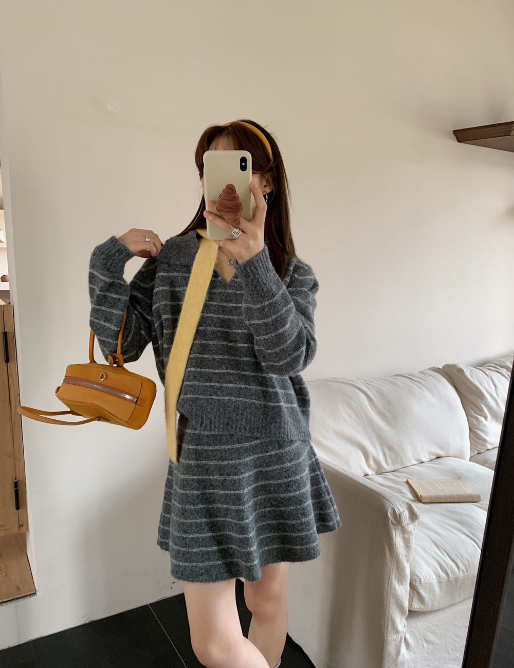 Stripe loose tops lapel retro short skirt 2pcs set