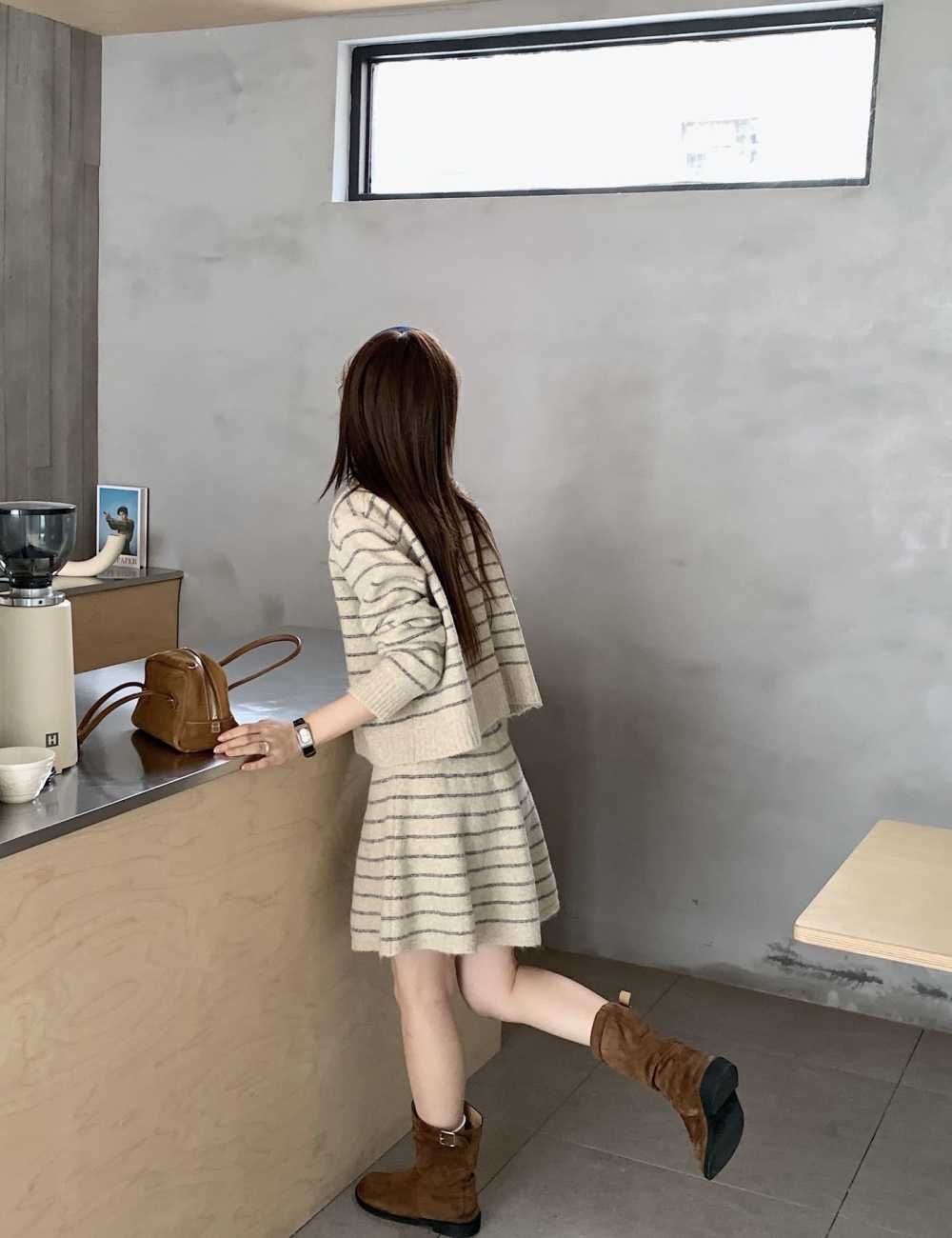 Stripe loose tops lapel retro short skirt 2pcs set