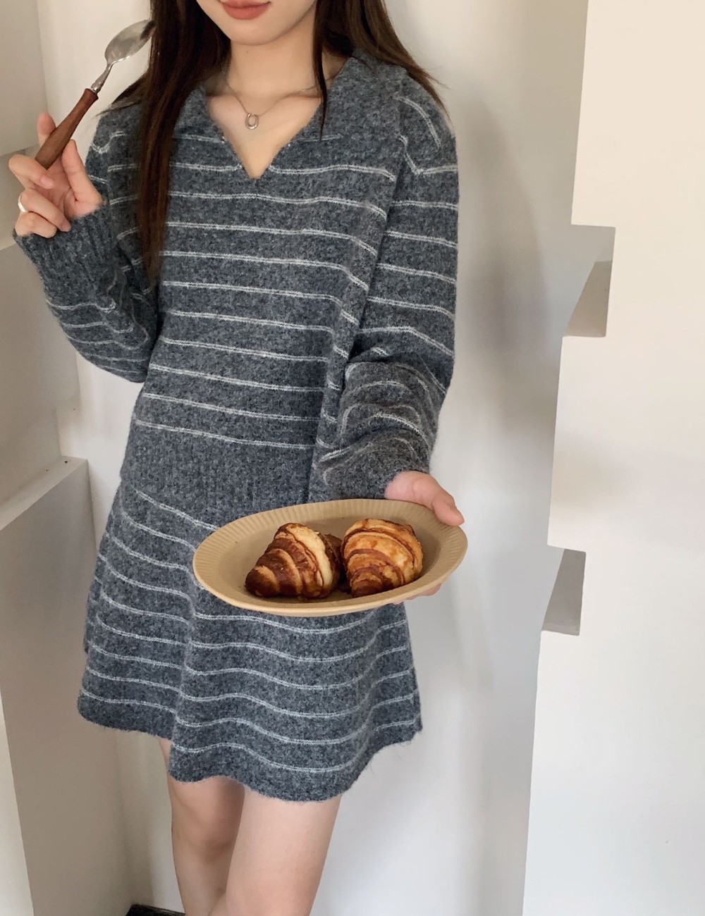 Stripe loose tops lapel retro short skirt 2pcs set