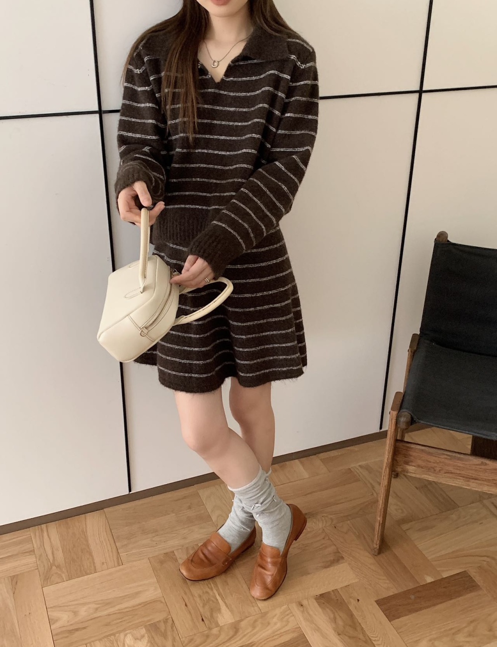 Stripe loose tops lapel retro short skirt 2pcs set