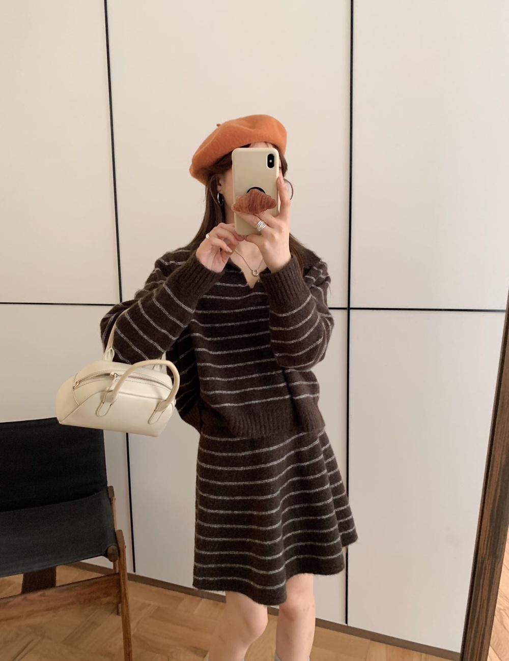 Stripe loose tops lapel retro short skirt 2pcs set