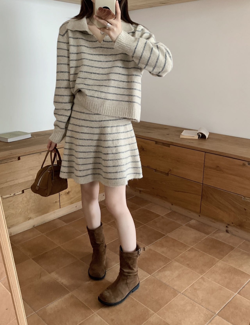Stripe loose tops lapel retro short skirt 2pcs set