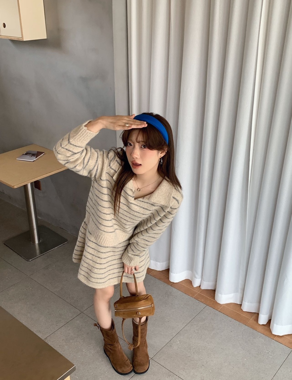Stripe loose tops lapel retro short skirt 2pcs set