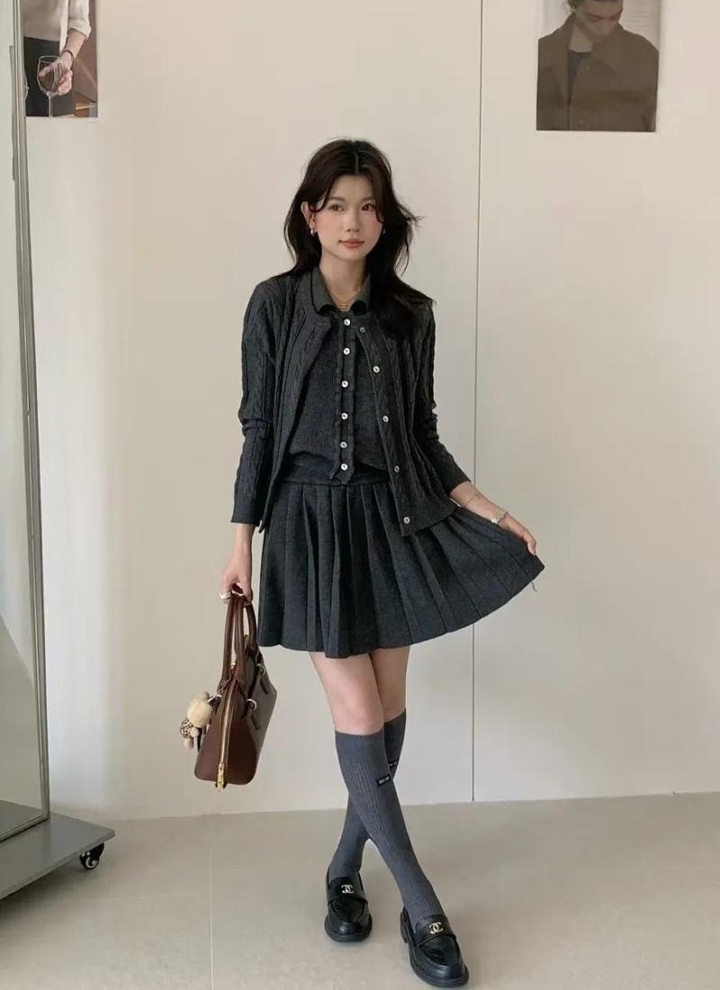 Twist short skirt Korean style cardigan 3pcs set