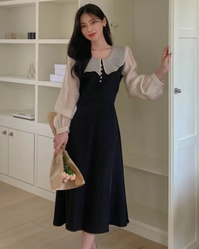 Pearl splice mixed colors puff sleeve elegant dress