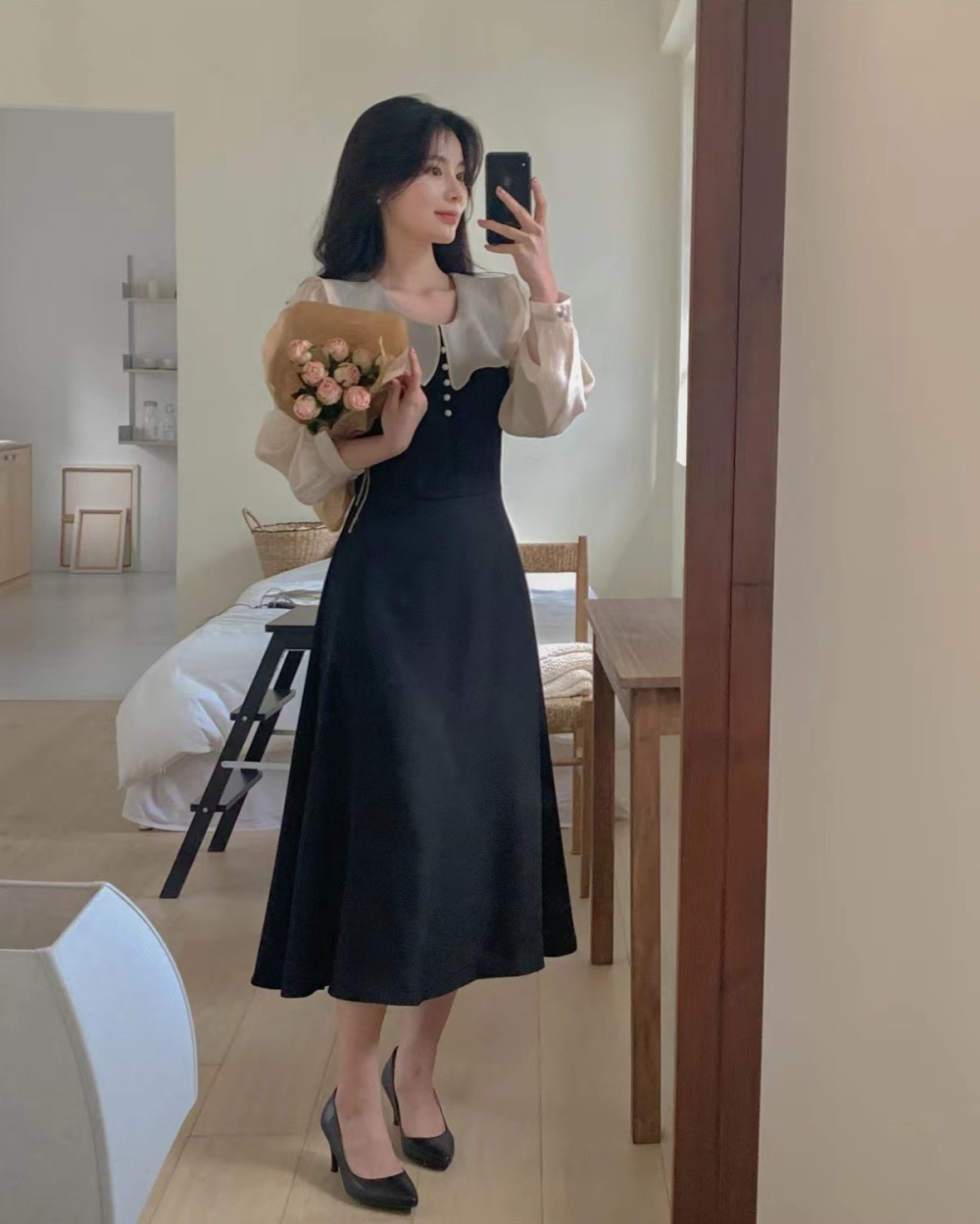 Pearl splice mixed colors puff sleeve elegant dress