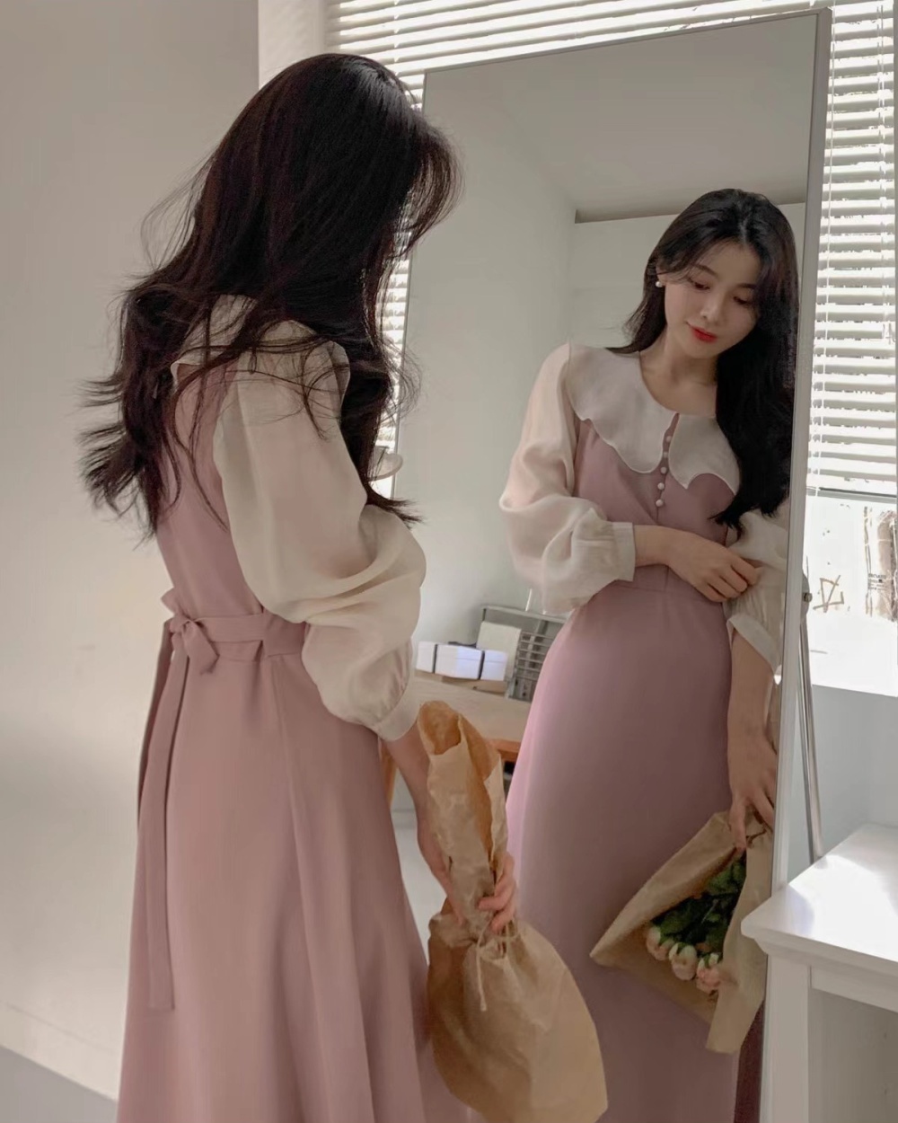 Pearl splice mixed colors puff sleeve elegant dress