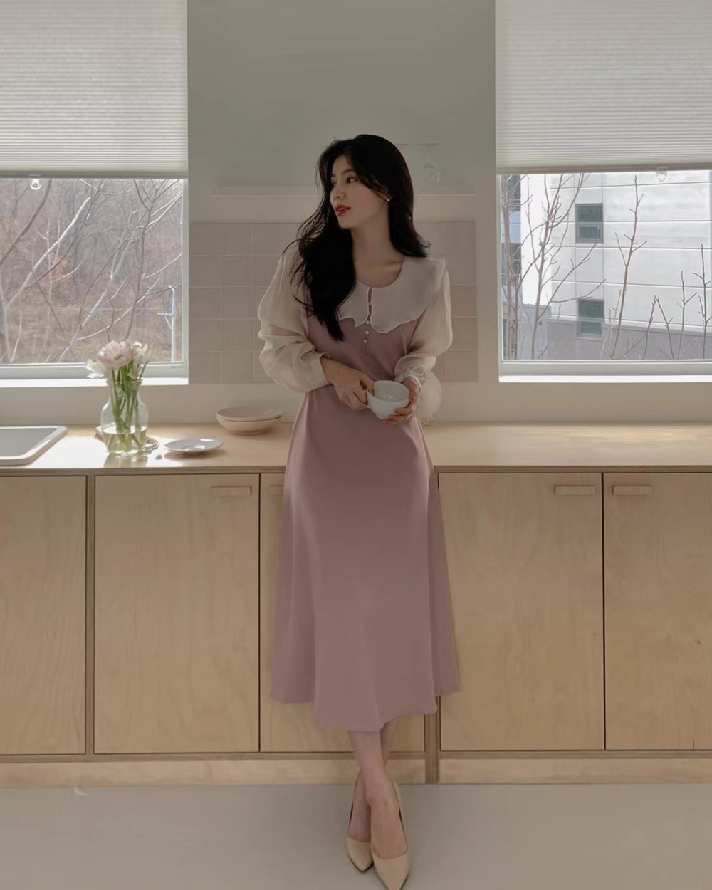 Pearl splice mixed colors puff sleeve elegant dress