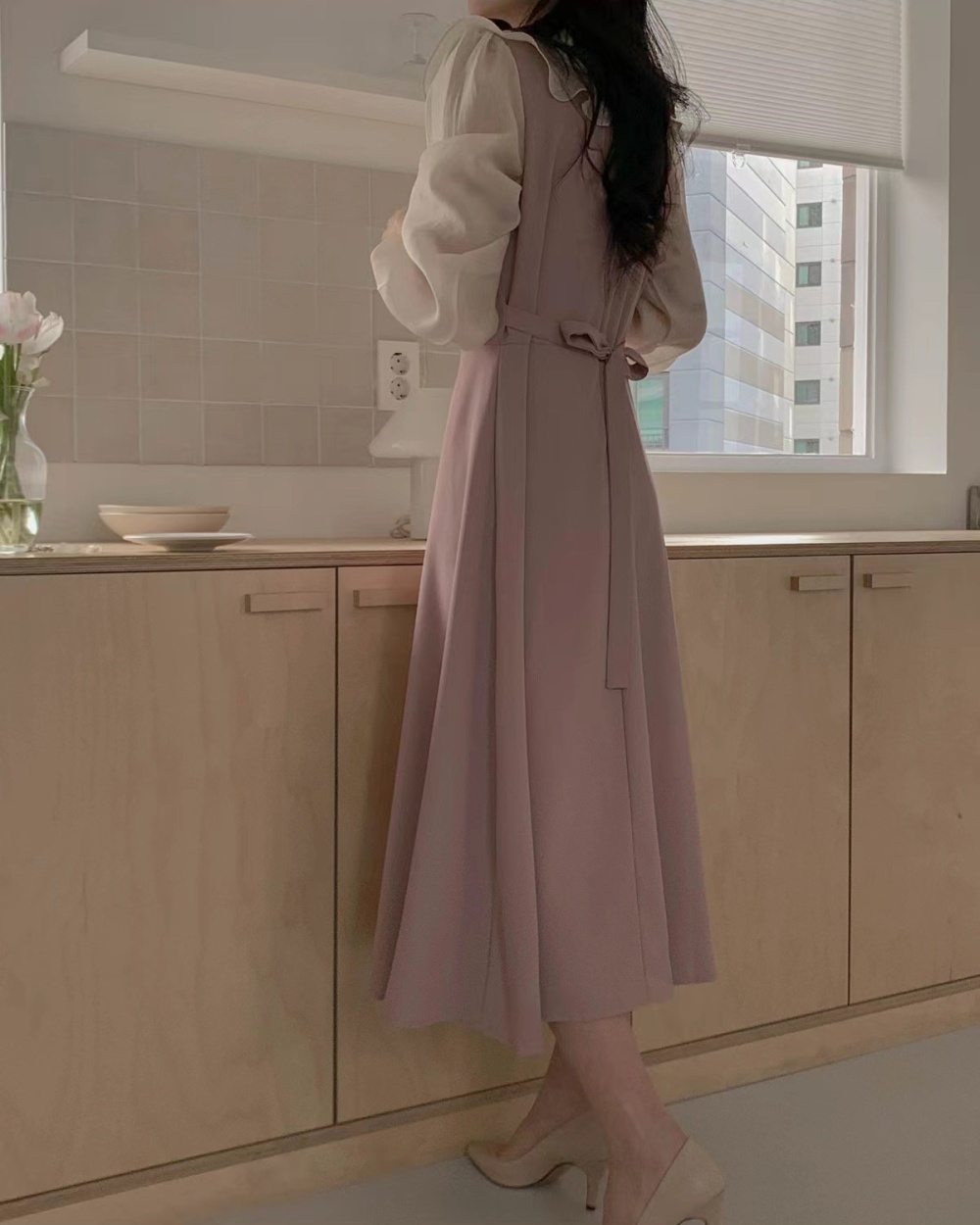 Pearl splice mixed colors puff sleeve elegant dress