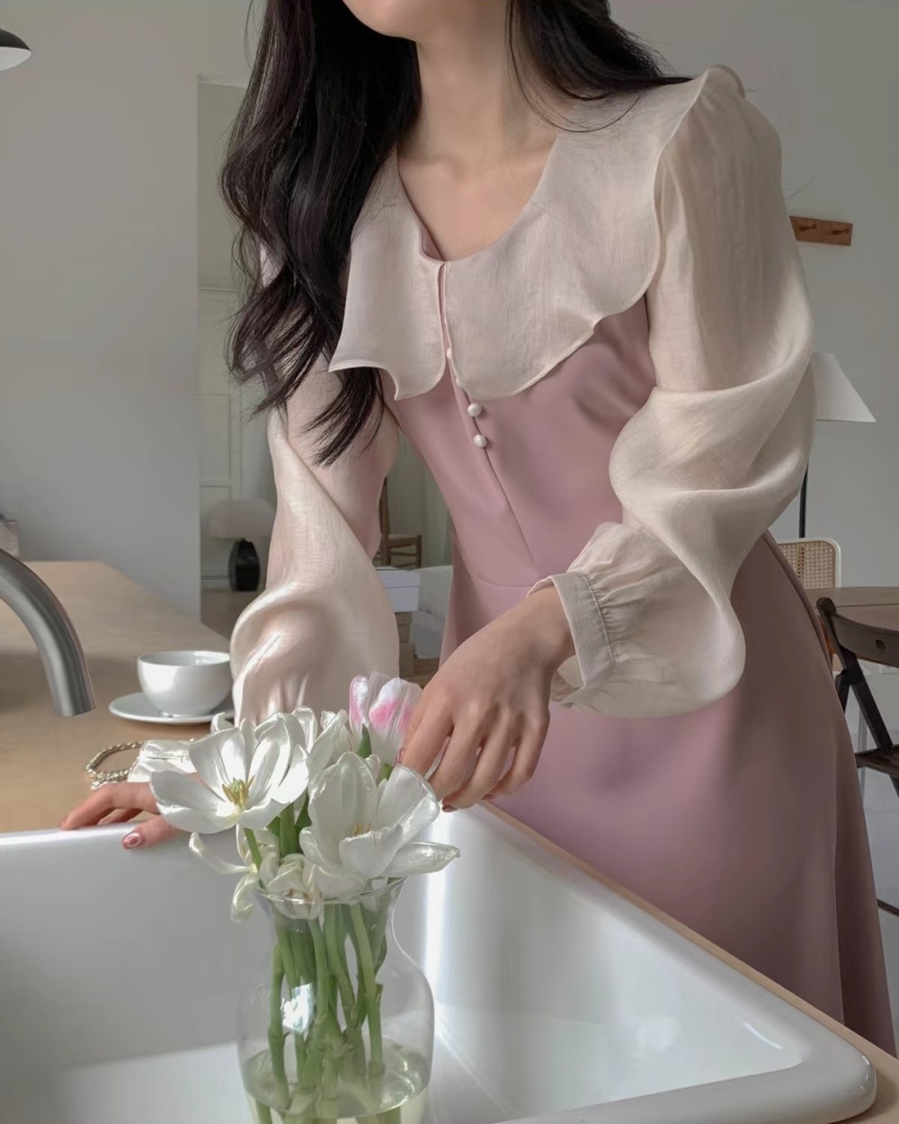 Pearl splice mixed colors puff sleeve elegant dress