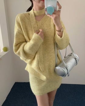 Knitted sweet slim sweater lazy loose tender skirt a set