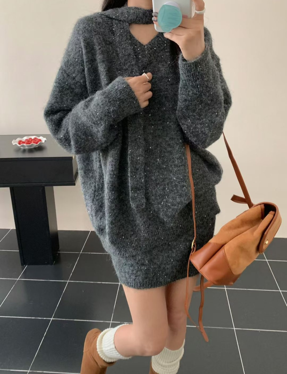 Knitted sweet slim sweater lazy loose tender skirt a set
