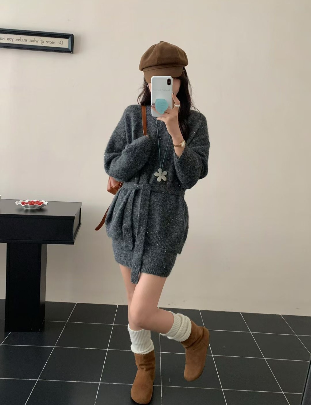 Knitted sweet slim sweater lazy loose tender skirt a set