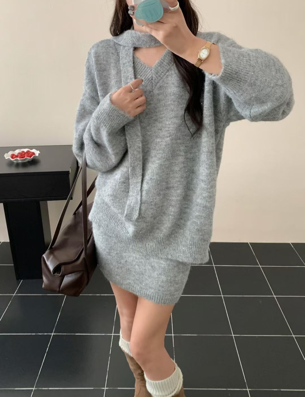 Knitted sweet slim sweater lazy loose tender skirt a set