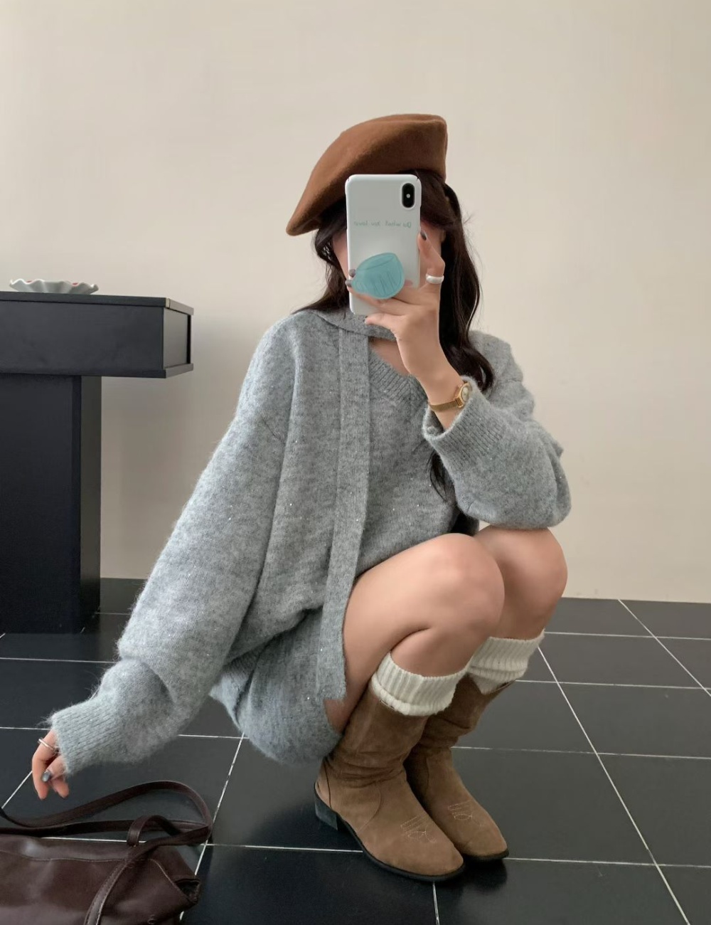 Knitted sweet slim sweater lazy loose tender skirt a set