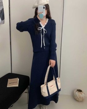 Knitted high waist sweater V-neck bow long skirt a set
