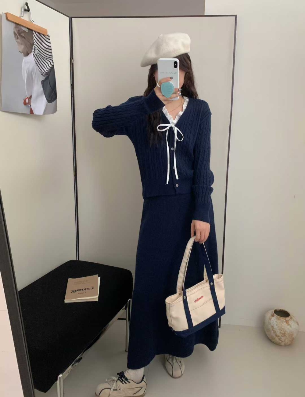 Knitted high waist sweater V-neck bow long skirt a set