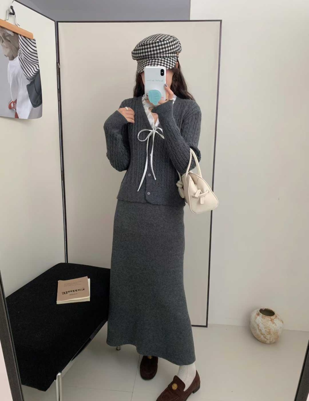 Knitted high waist sweater V-neck bow long skirt a set