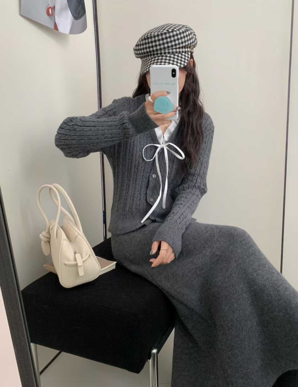 Knitted high waist sweater V-neck bow long skirt a set