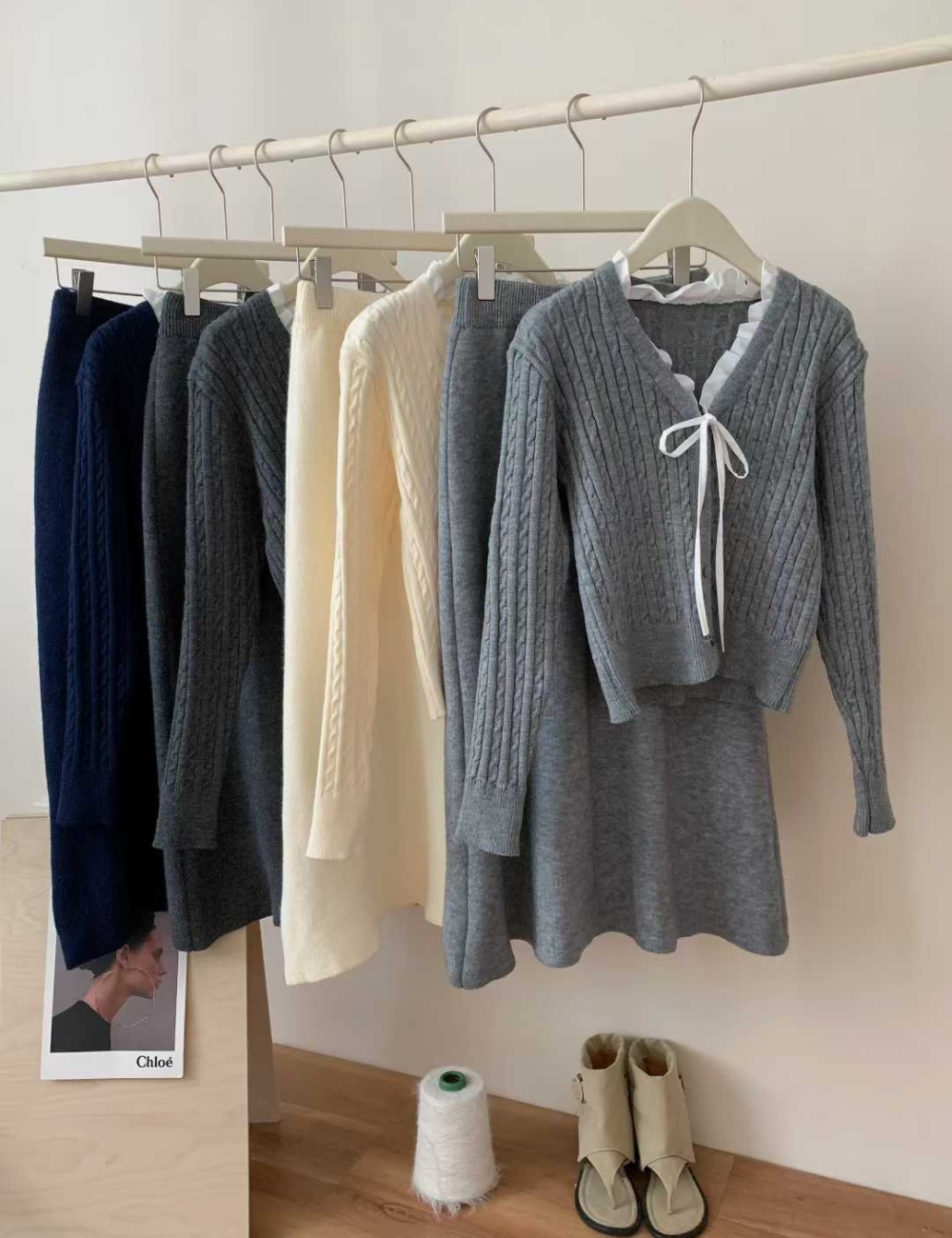 Knitted high waist sweater V-neck bow long skirt a set