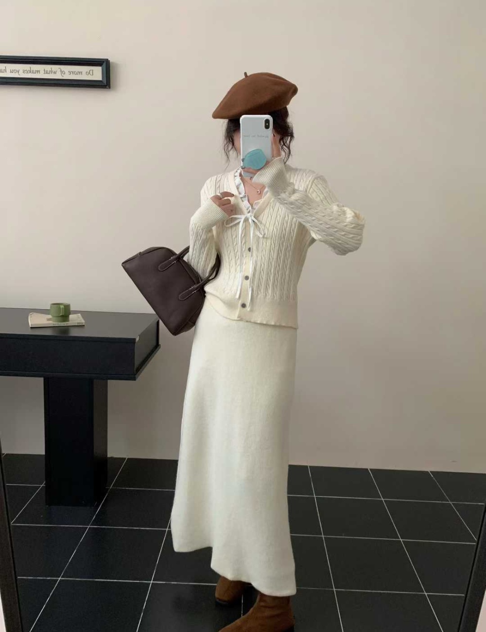 Knitted high waist sweater V-neck bow long skirt a set