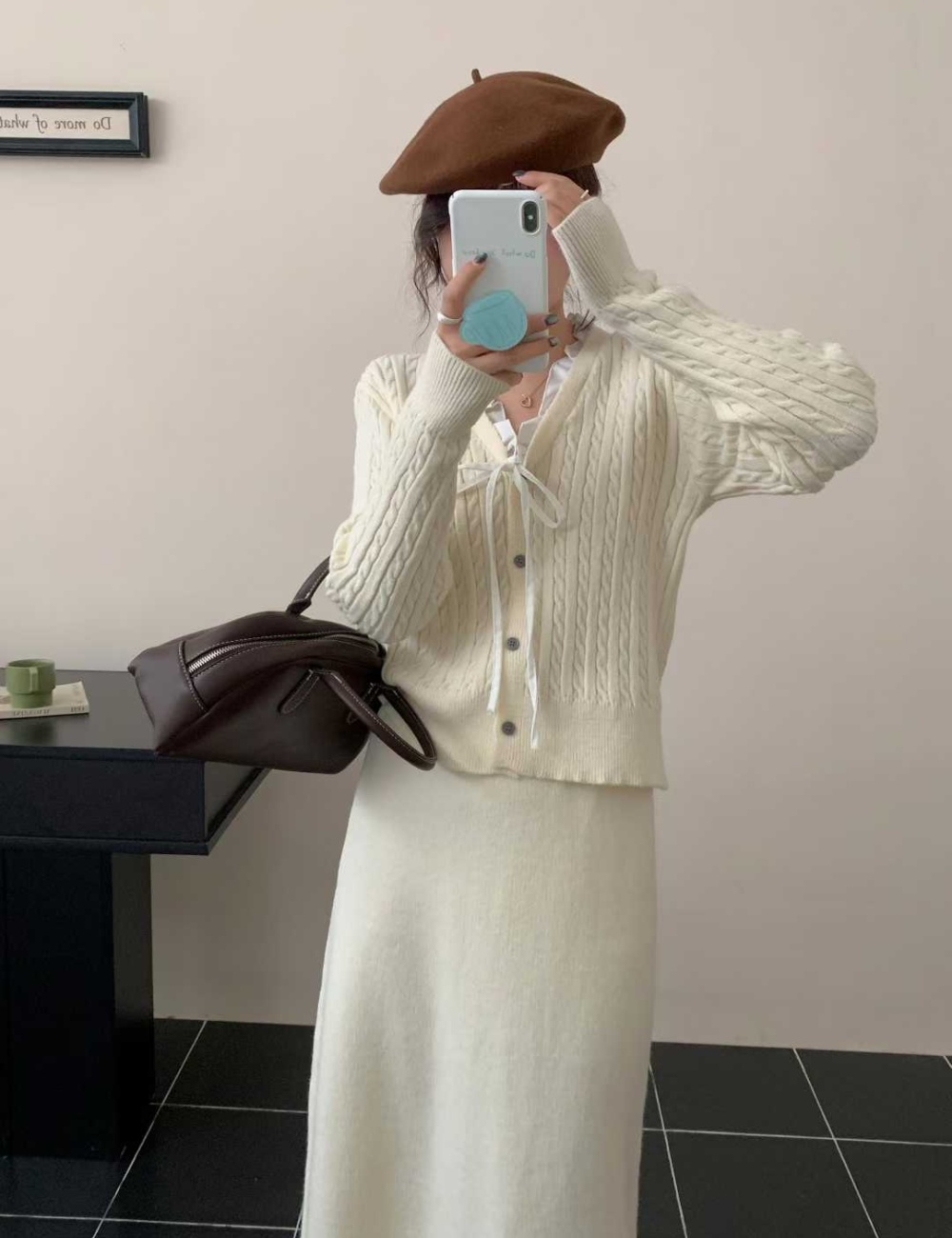 Knitted high waist sweater V-neck bow long skirt a set