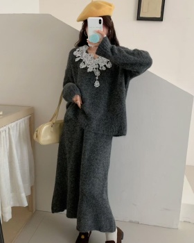 High waist splice long skirt V-neck sweater 2pcs set