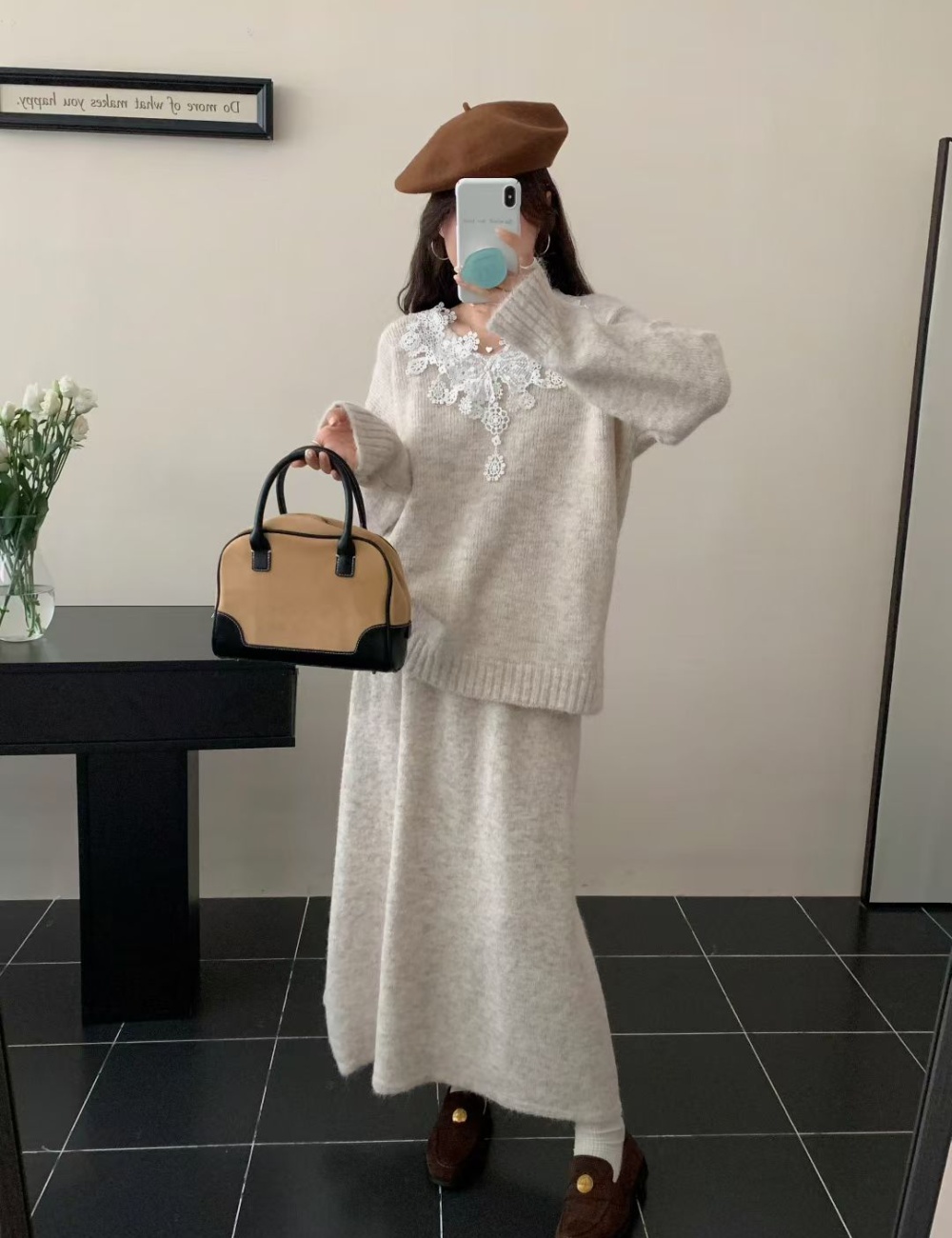High waist splice long skirt V-neck sweater 2pcs set