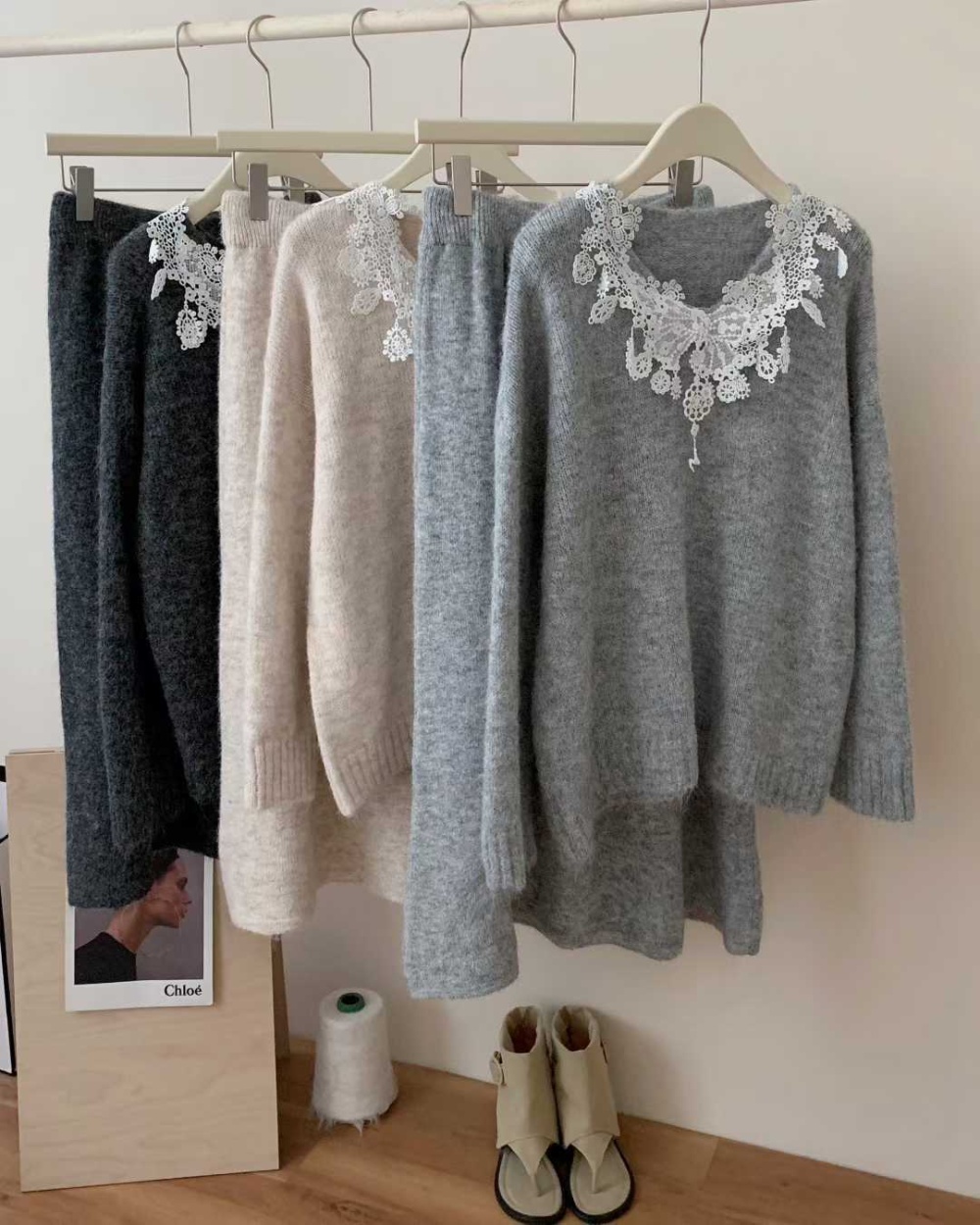 High waist splice long skirt V-neck sweater 2pcs set