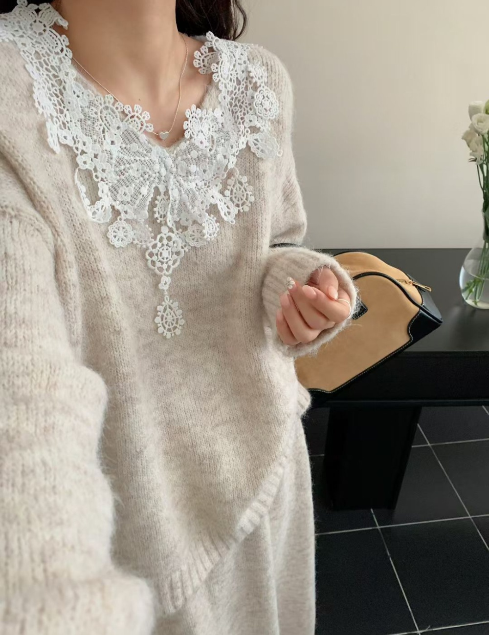 High waist splice long skirt V-neck sweater 2pcs set