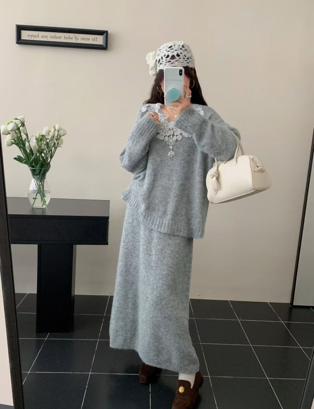 High waist splice long skirt V-neck sweater 2pcs set