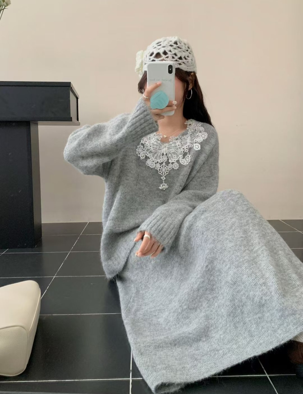 High waist splice long skirt V-neck sweater 2pcs set