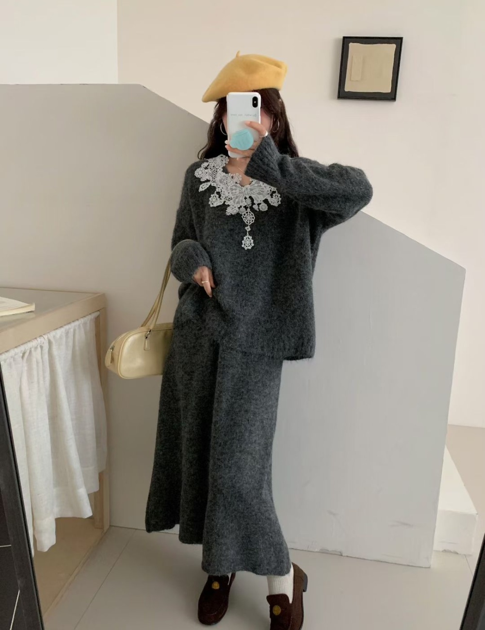 High waist splice long skirt V-neck sweater 2pcs set