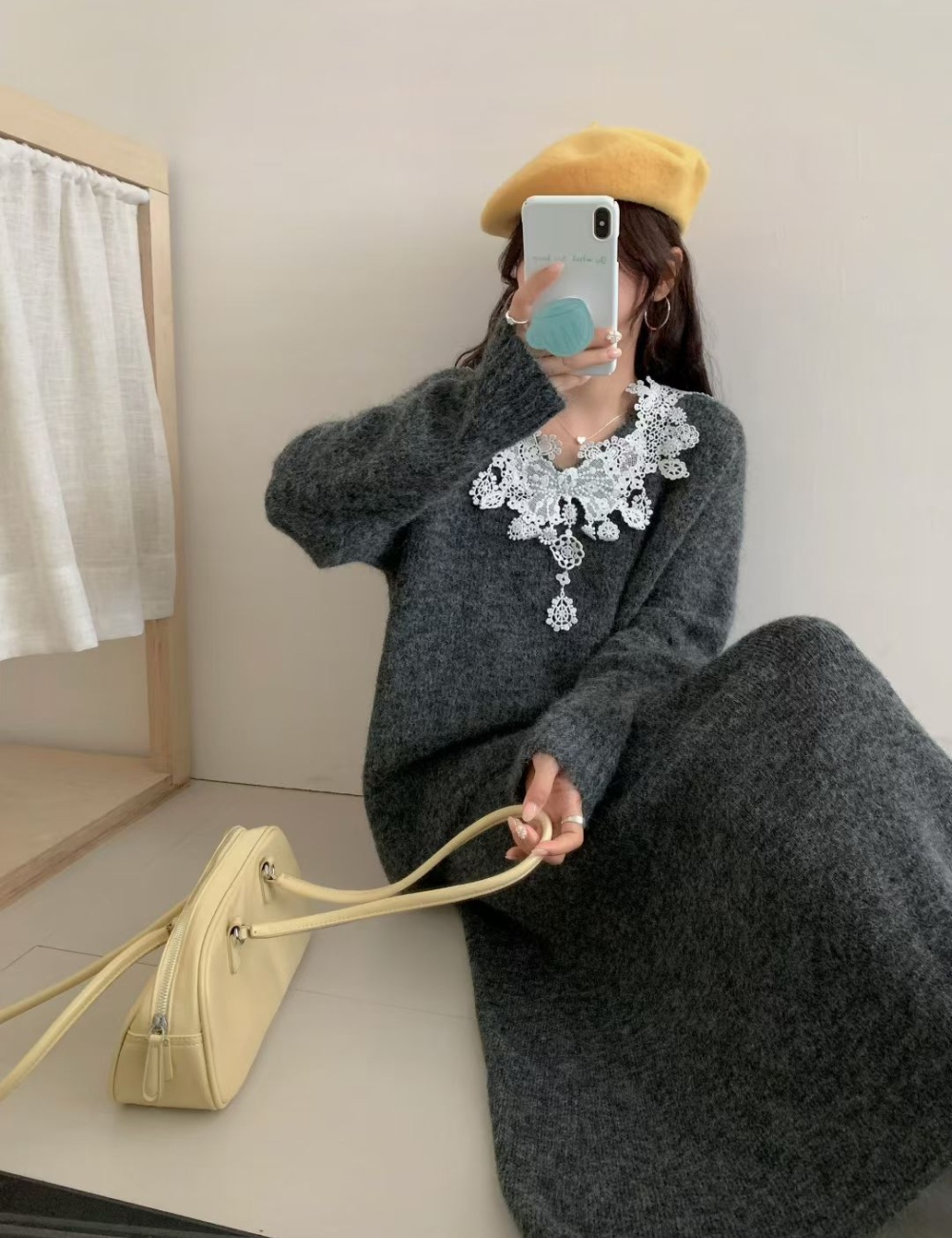 High waist splice long skirt V-neck sweater 2pcs set