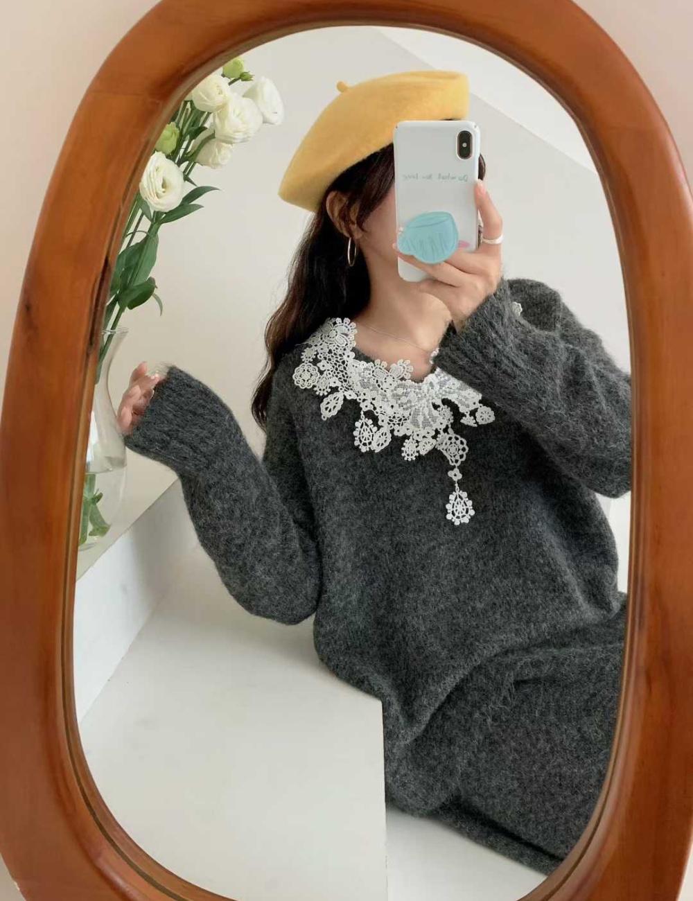 High waist splice long skirt V-neck sweater 2pcs set