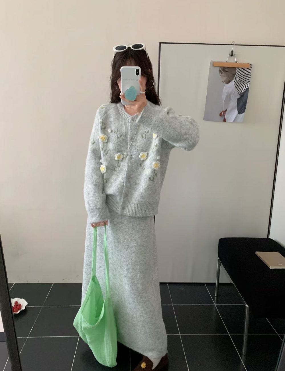 Round neck long skirt high waist cardigan 2pcs set