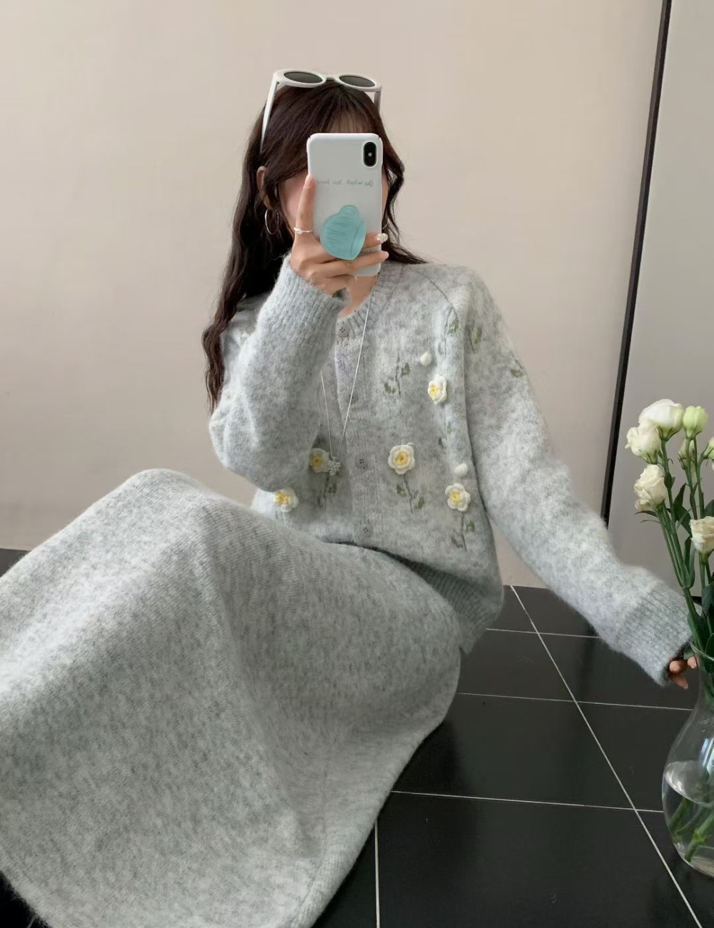 Round neck long skirt high waist cardigan 2pcs set