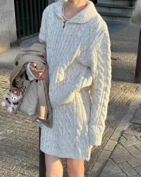Color point knitted sweater twist short skirt 2pcs set