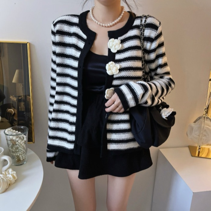 Korean style knitted cardigan chanelstyle stripe coat