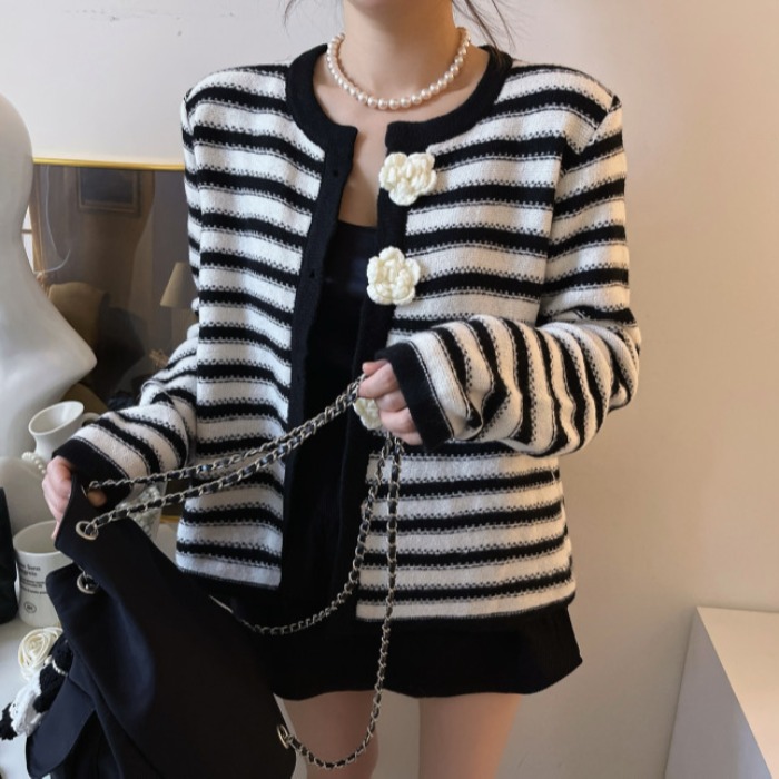 Korean style knitted cardigan chanelstyle stripe coat