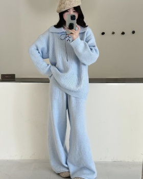 Lapel Korean style sweater bow wide leg pants 2pcs set