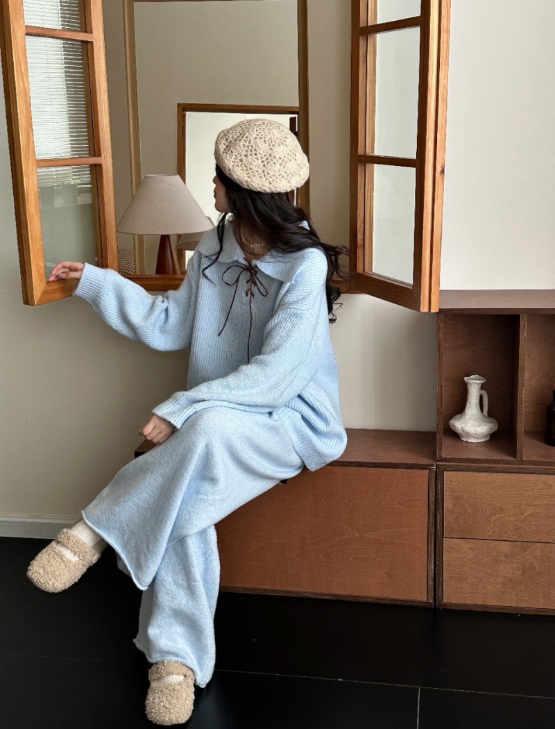 Lapel Korean style sweater bow wide leg pants 2pcs set